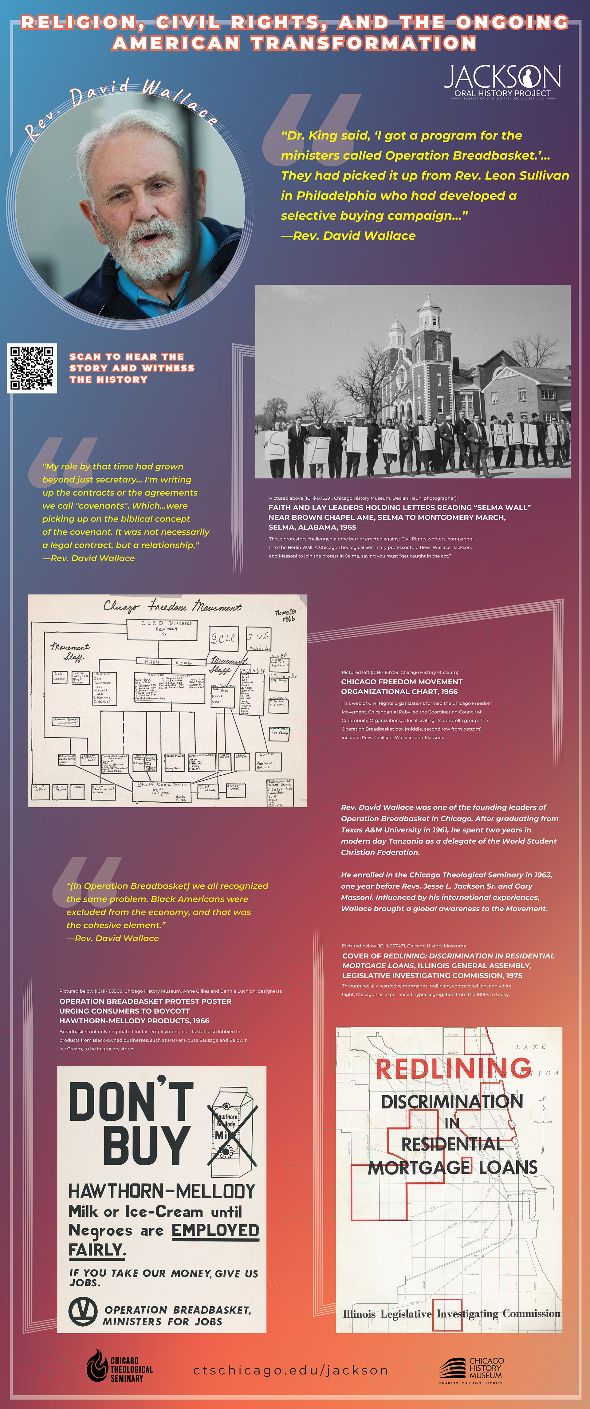 Rev. Jesse L. Jackson Oral History Project  exhibition featuring ten 33 by 80 inch pop-up banner panels displaying historical photographs, quotes, and QR codes linking to oral history video and audio recordings.